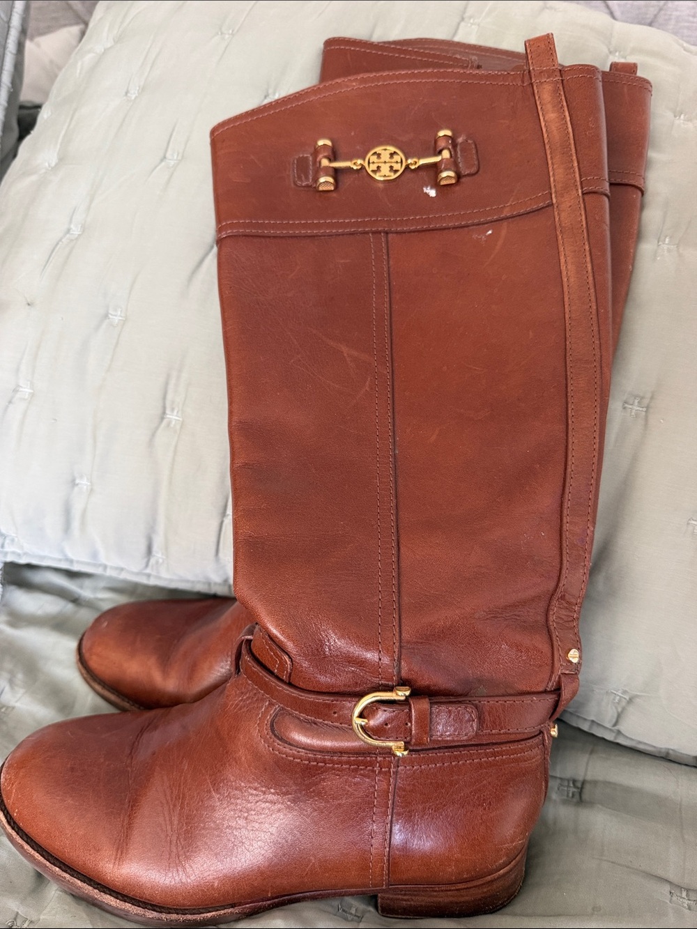 Tory Burch Chestnut Brown Leather Riding Boots with Gold Hardware